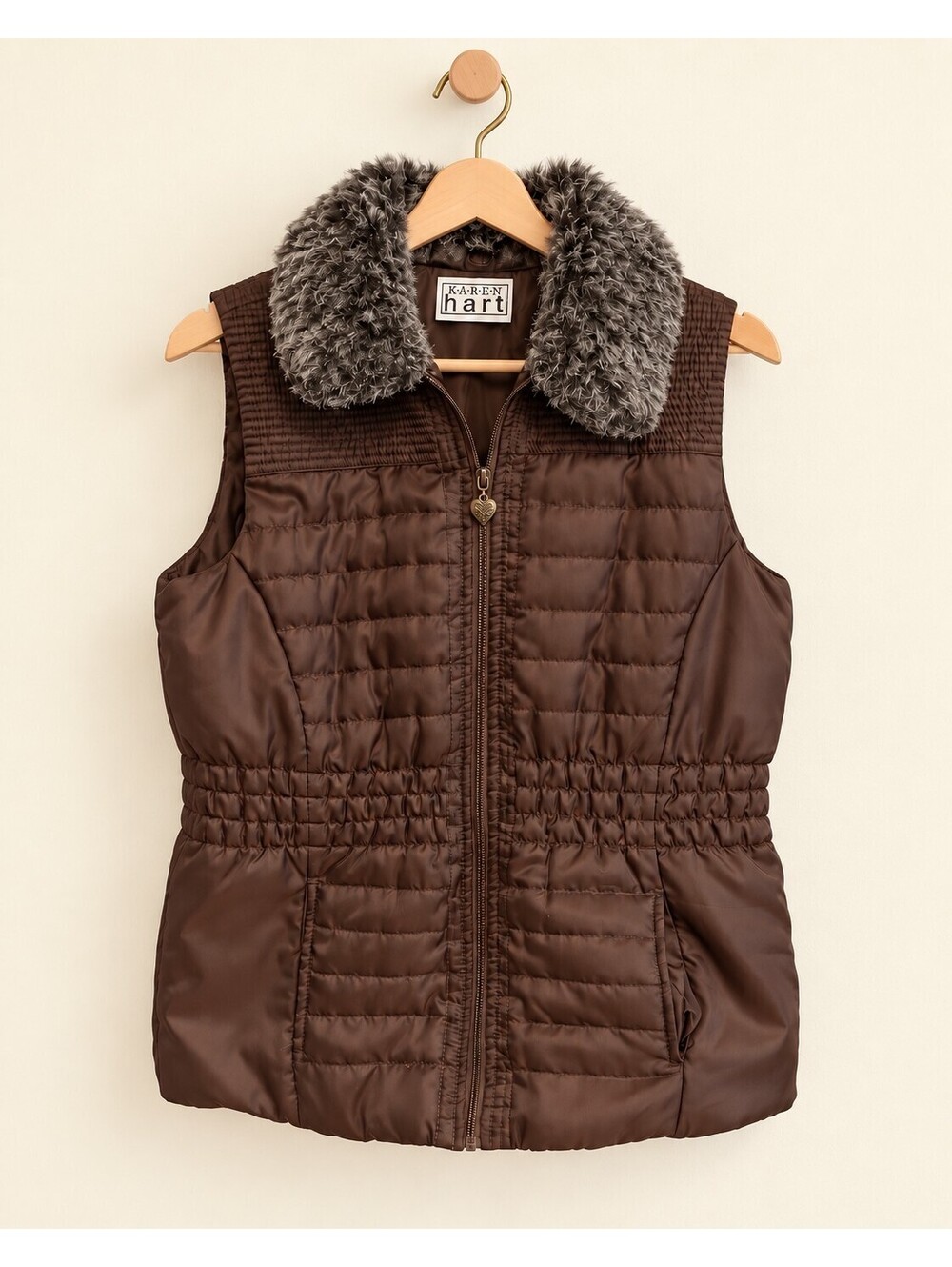 Karen Hart Brown Quilted Puffer Vest Faux Fur Collar Women’s Size Medium